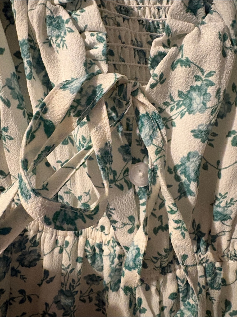 Altar'd State Cream Mini Dress with Teal Floral Print and Puff Sleeves - Picture 3 of 5
